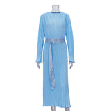 Fongt Women's Wear 2023 New Long Sleeve Belt Pleated Dress Temperament Commuting High Sense Loose Skirt-Outfit