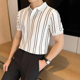 Fongt Summer High-End Short-Sleeved Men's Fashion Brand Striped Collar Ice Silk Knitted Half-Sleeved T-Shirt For Men