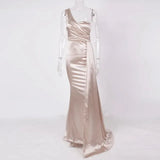 Shoulder Padded Sexy Satin Maxi Evening Party