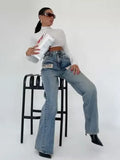 Fongt New Cool Trend Splicing Jeans Women High Waist Thin Classic Design Straight Broad Legs