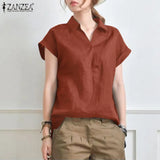 Summer Elegant Lapel Neck Solid Blouse Women Short Sleeve Solid Cotton Tops Casual Loose Blusas OL Work Shirt Oversize 703-1-Outfit
