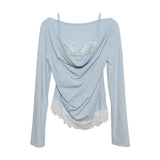 Spring Fake Two Lace Lace Collar Folded Long Sleeves Slimming Bottom T-Shirt Blouse Woman