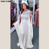 With Headtie Summer Dress African Dresses for Women 2022 Elegant Rayon Abayas Dubai Hot Drilling Bubu Robe Femme African
