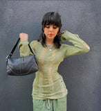 Fongt Women's New Hollow Bare Back Shirt Retro Solid Color Coat On The Head Of The Women's Factory