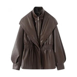 Fongt Summer New Fashion Temperament Fake Two Long Lantern Sleeve PU Leather Coat Woman