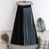 2024 High Elastic Waist Thin Large Hem Color Contrast Pleated Medium Length Skirt Patchwork Women Irregular Clothing TH370-Outfit