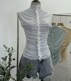 Drilling Sleeveless Vest Wearing Half-High Neck Net Yarn Slime Folded T-Shirt Blouse Female