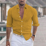 Fongt New Men's Summer Cotton-Blind Beach Shirt Long Sleeves Solid Hawaiian Holiday