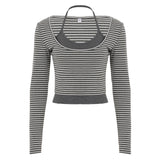 Fongt U-Shaped Low-Neck Two-Piece Striped T-Shirt Hanging Neck Vest 2025 Fashion-Colored Knitted Shirt