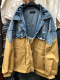 Denim Women's Windbreaker Lapel Lantern Sleeve Hit Color Drawstring Coat Female 2022 Autumn Fashion