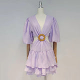 TWOTWINSTYLE Yellow Hollow Out Sexy Dress For Women V Neck Lantern Half Sleeve High Waist Patchwork Mini Dresses Female 2022