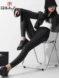 Autumn PU Leather Leggings Women High Waist Slim Black Pencil Pants Casual Tight Fitness Thin Velvet Seamless Leggings-Outfit
