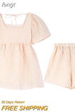 Women Tops and Shorts Puff Sleeve Solid Elegant Holiday Outfit Tender Ladies Ulzzang Chic Charming Stylish Square