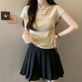 Chinese Buckle Design Positive Shoulder Short Sleeve Knit Shirt Girl Summer Thin Temperament With Short Cheongsam