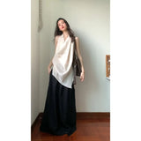 Fongt Girls Design Feel Hanging Neck Vest Bare Shoulder Dress Female Summer New Temperament Loose Broad Legs Casual Pants Set