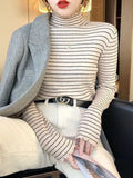 Fongt Half High Collar Striped Long Sleeve T-Shirt Bottom Shirt Women's New Autumn Ins Slim Wood Ear Inside The Top-Outfit