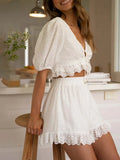 Sleeve White Lace Playsuit Romper Matching Sets Spring Summer Women Beach Boho Playsuits Elegant Outfit Fashion