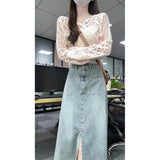 Fongt Blue Front Open Fork A Word Cowboy Half-Dress Woman Autumn High Waist Thin Design Sense Of Long Skirt