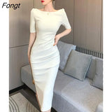 Women New Elegant Midi Base Dress Bodycon Office Lady Work Wear Solid One Piece Slim Clothing Femme Fashion