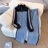 Fongt Zippered Cowboy Splicing Two Sets Of Spring And Autumn 2025 New Cowboy Splicing Long Sleeve Tops Wide Leg Trousers