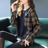 Printed Spliced Knitted Tops Spring Fashion Women's Clothing Loose Korean Long Sleeve Pullovers Round Neck Casual T-shirt-Outfit