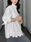 Fongt Design Lace Spliced White Shirt Women's Spring And Autumn And Winter Fat Mm Loose Thin Inside Stacked Clothes