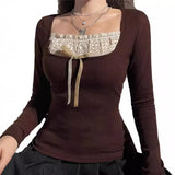 Stitching Lace Bow Knot Square Collar Knitted Tee-Outfit