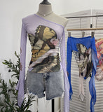 Fongt One-Shoulder Horn Long-Sleeved Mesh Yarn-Print T-Shirt With Short Tight Top 9915