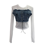 Vintage Babes Cowboy Spliced Tiring Strapped With Long Sleeves Short Mesh T-Shirt