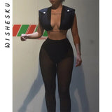 Sexy Deep V Neck Sleeveless Tank Top+High Waist Mesh Patchwork See Through Pants 2021 Summer Nippon Fashion