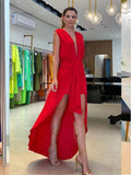 Fongt Summer New Big Deep V Collar Royal Sister Sleeveless Double Layer Dress-88150-Outfit