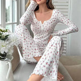 Hot New Pyjamas V-Neck Casual Fashion Elastic Trousers Women's Long-Sleeved