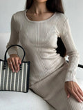 Fongt Wind Solid Color Knitted Dress Female Spring And Autumn Temperament Waist Long Sleeve Long Skirt