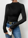 Fongt Solid Color Trim Bottom Shirt Folding Design Long-Sleeved T-Shirt Lady Top