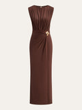 Fongt New Women's Folded Wrinkles Sleeveless Long Dress Stylish Metal Decorative Solid Color Dress