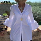 Shirts Summer Women Solid Flare Sleeve Shirts Spring Blouse 2022 VONDA Sexy V Neck Button Up Office Shirt Femininas