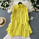 Fongt Version Of High-End Sense Polo Collar Shirt Women Autumn Three-Dimensional Flowers Loose Irregular Folding Tail Design Top