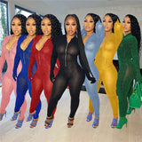 Mesh Sheer Glitter Bodycon Jumpsuits Women Long Sleeve Front Zipper Rompers Female Overalls One Piece Jumpsuit Club Outfits-Outfit