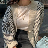 2021 Women's Knitwear Winter Spring Striped V-Neck Cardigans Buttons Oversize Korean Style Lady Sweaters Tops