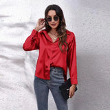 New Loose Long-Sleeved Blouse Simple V-Neck Cardigan Shirt Button Blouse Solid Color-Outfit