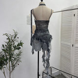 Fongt Shooting Round Neck Fluttering Dye Printing Irregular Lotus Leaf Side Mesh Slings Slings Sleeveless Top 1218
