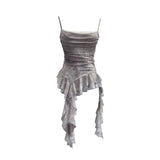 Fongt Irregular Lace Splicing Hem With Lotus Slings With Lotus Slings Waist Yarn Top 8020
