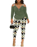 Autumn And Winter Women's Wear New Shoulder Spliced Long-Sleeved Printed Trousers Two Sets-Outfit