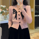 Fongt Design Sense Embroidered Bow Sweater 2024 Autumn / Winter Sweet Printed Cardigan Show Thin Jacket-Outfit
