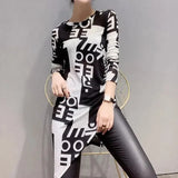 Letter Patchwork Printed T-shirt Spring Autumn Stylish Asymmetrical Folds Female Clothing Casual O-Neck Midi Pullovers-Outfit