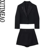 Women Fashion Cropped Contrast Satin Blazer Coat Vintage Long Sleeve Front Button Female Outerwear And Hight Waist Shorts