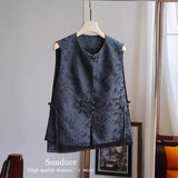 Chinese Style Vest Women's 2023 Summer New Round Collar Sleeveless Retro Style Jacquard Horse Clip With Black Coat-Outfit