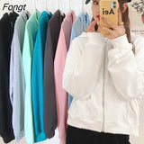 2022 Chic Zipper Female Sweatshirt Hooded Pullovers Soild Color Hoodies Autumn Loose Harajuku Women Tracksuit White