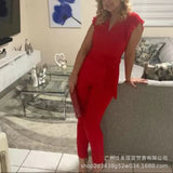 2023 E-Commerce Women's South American Women's V-Collar Pleated Flying Sleeves Solid Color Jumpsuit Lace-Outfit