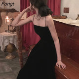 Women Elegant Spaghetti Strap Midi Black Velvet Dress Sexy Prom Evening Party Birthday Club Fashion